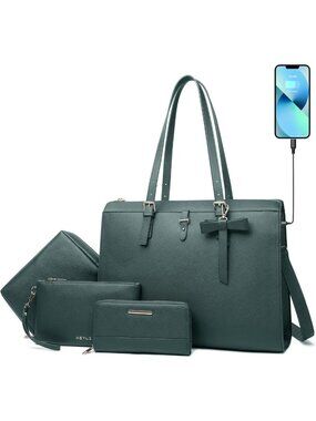 Stylish 4pc Laptop Bag Set for Women - Large Leather Briefcase with USB Charging